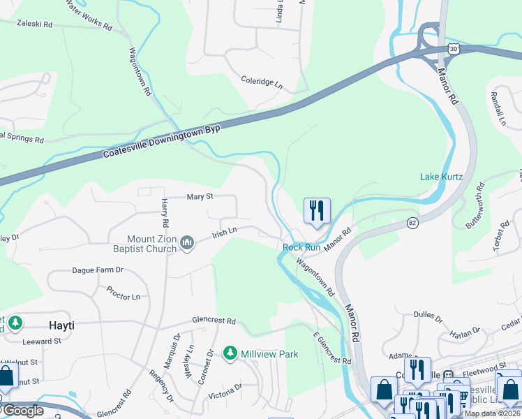 map of restaurants, bars, coffee shops, grocery stores, and more near 81 Irish Lane in Coatesville