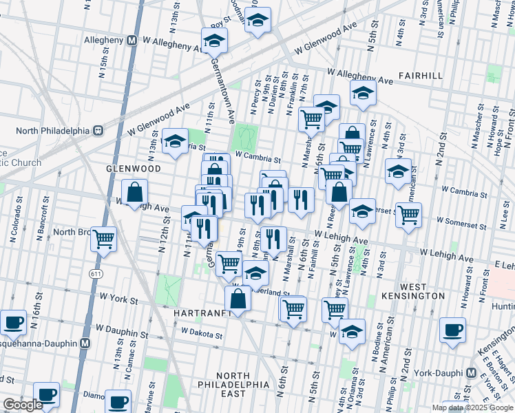 map of restaurants, bars, coffee shops, grocery stores, and more near 2731 North Darien Street in Philadelphia