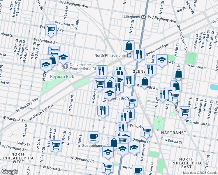 map of restaurants, bars, coffee shops, grocery stores, and more near 2636 North 16th Street in Philadelphia