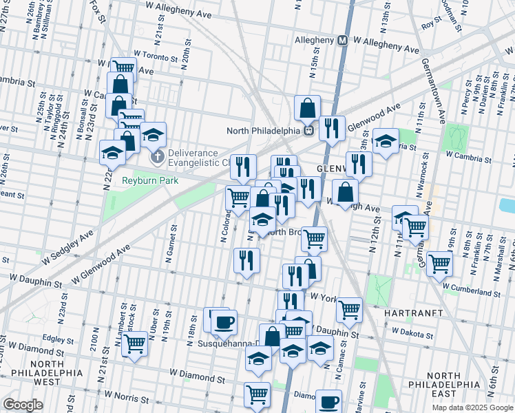 map of restaurants, bars, coffee shops, grocery stores, and more near 2635 North Bancroft Street in Philadelphia