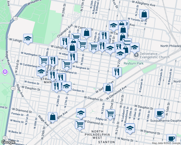 map of restaurants, bars, coffee shops, grocery stores, and more near 2452 West Firth Street in Philadelphia