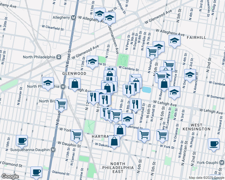 map of restaurants, bars, coffee shops, grocery stores, and more near 915 West Lehigh Avenue in Philadelphia