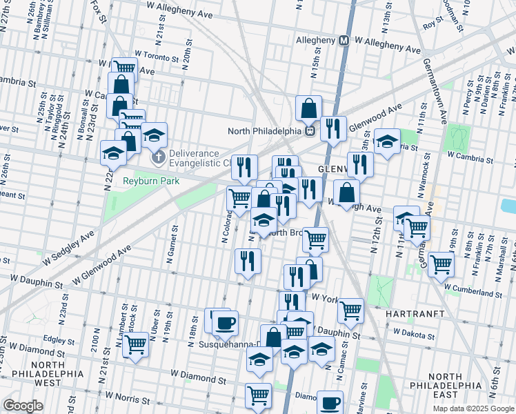 map of restaurants, bars, coffee shops, grocery stores, and more near 2635 North Bancroft Street in Philadelphia