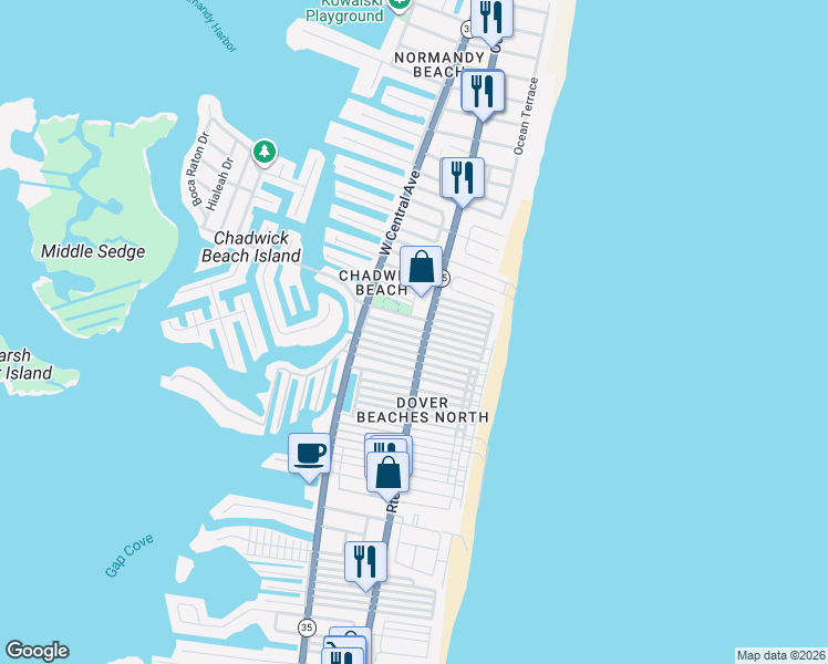 map of restaurants, bars, coffee shops, grocery stores, and more near 151 West Beach Way in Lavallette