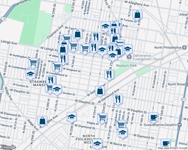 map of restaurants, bars, coffee shops, grocery stores, and more near 2333 West Firth Street in Philadelphia