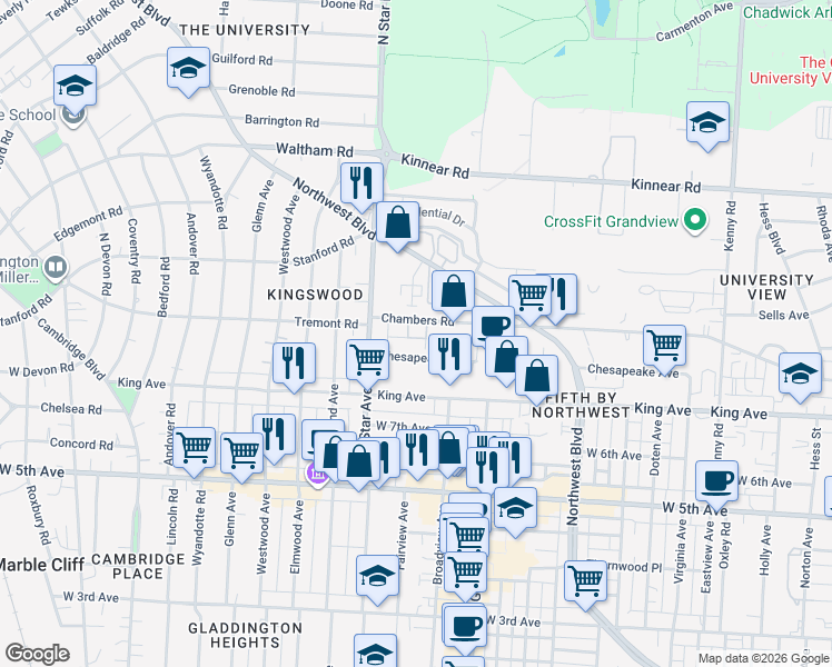 map of restaurants, bars, coffee shops, grocery stores, and more near 1514 Chesapeake Avenue in Columbus
