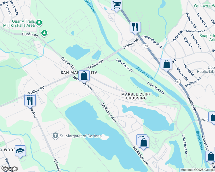 map of restaurants, bars, coffee shops, grocery stores, and more near Marblevista Boulevard in Columbus