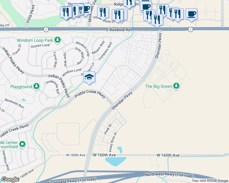 map of restaurants, bars, coffee shops, grocery stores, and more near 16456 Zuni Place in Broomfield