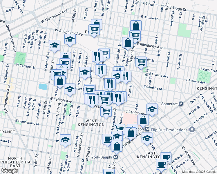 map of restaurants, bars, coffee shops, grocery stores, and more near 2850 Mutter Street in Philadelphia
