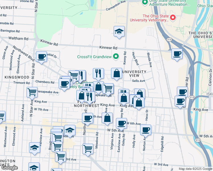 map of restaurants, bars, coffee shops, grocery stores, and more near 1150 Chesapeake Avenue in Columbus