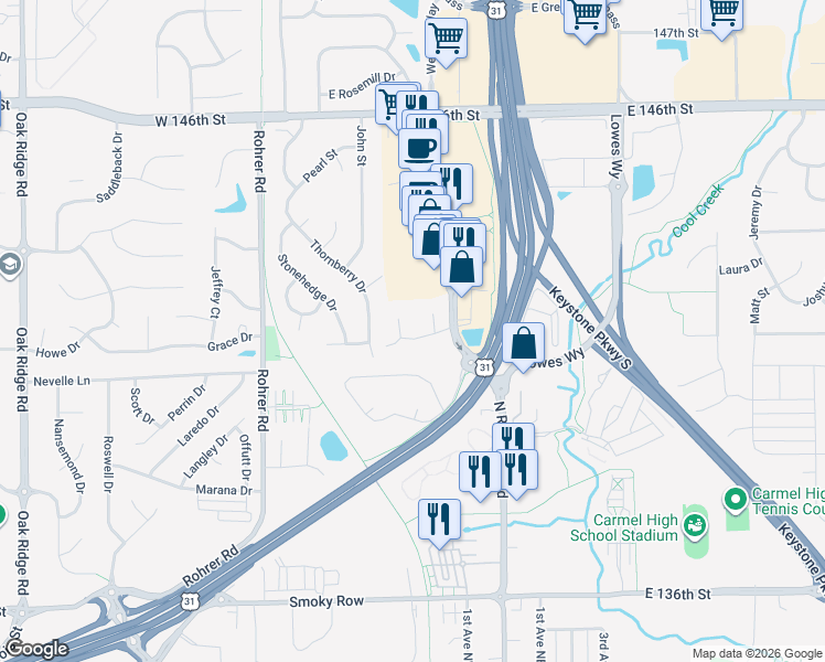 map of restaurants, bars, coffee shops, grocery stores, and more near 151 Walter Street in Carmel