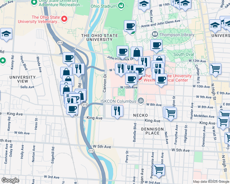 map of restaurants, bars, coffee shops, grocery stores, and more near 1581 Dodd Drive in Columbus