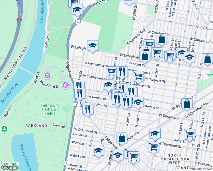 map of restaurants, bars, coffee shops, grocery stores, and more near 2438 North Corlies Street in Philadelphia
