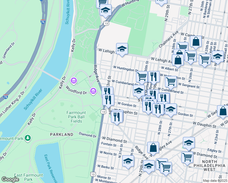 map of restaurants, bars, coffee shops, grocery stores, and more near 2416 North Natrona Street in Philadelphia