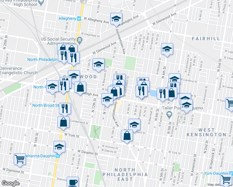 map of restaurants, bars, coffee shops, grocery stores, and more near 2716 Germantown Avenue in Philadelphia