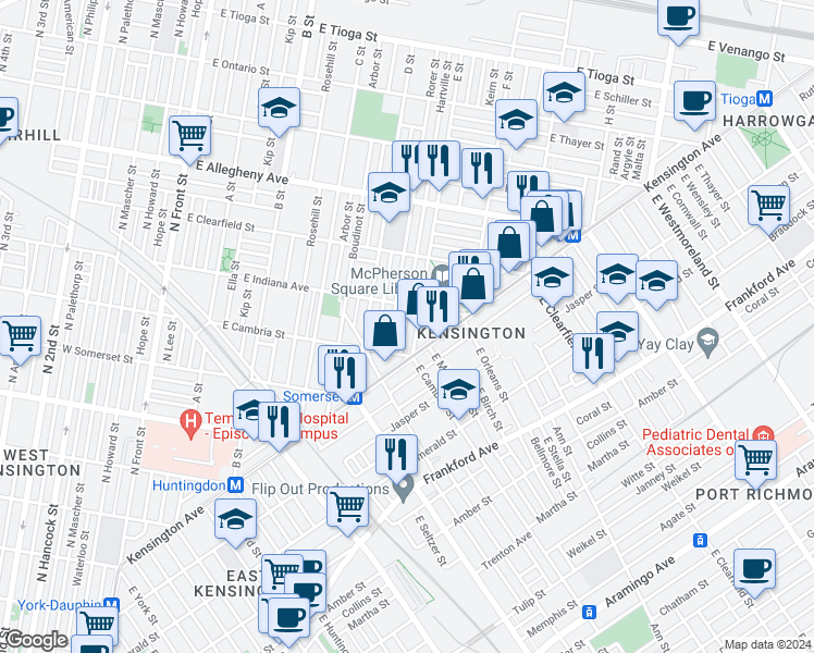 map of restaurants, bars, coffee shops, grocery stores, and more near 2947 Hartville Street in Philadelphia