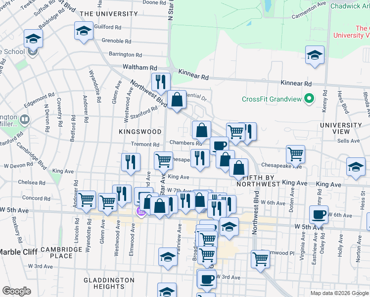 map of restaurants, bars, coffee shops, grocery stores, and more near 1514 Chesapeake Avenue in Columbus