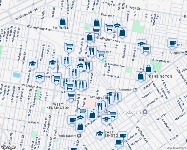 map of restaurants, bars, coffee shops, grocery stores, and more near 2864 North Water Street in Philadelphia