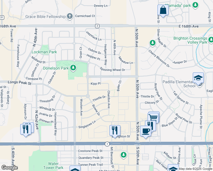 map of restaurants, bars, coffee shops, grocery stores, and more near 4737 Longs Peak Street in Brighton