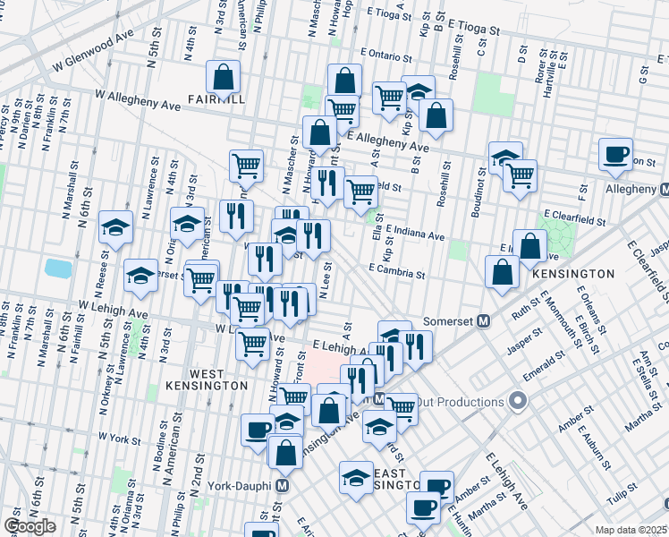 map of restaurants, bars, coffee shops, grocery stores, and more near 2864 North Water Street in Philadelphia