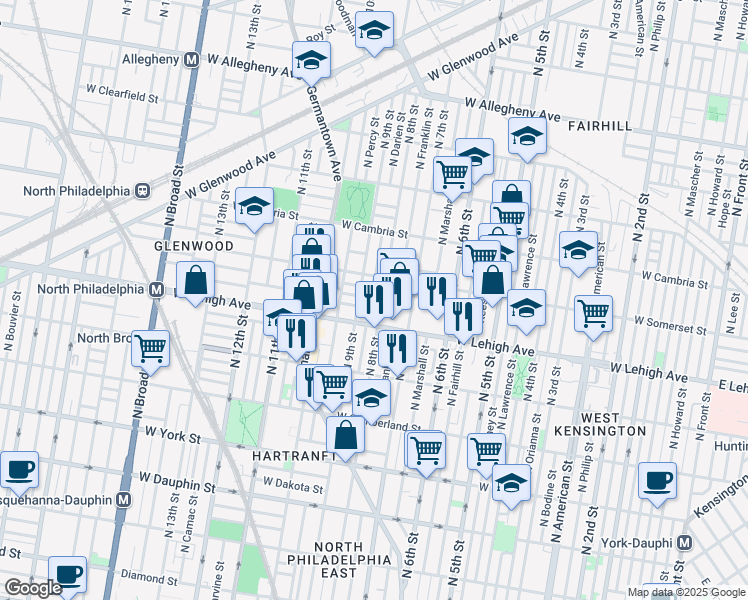 map of restaurants, bars, coffee shops, grocery stores, and more near 811 West Lehigh Avenue in Philadelphia
