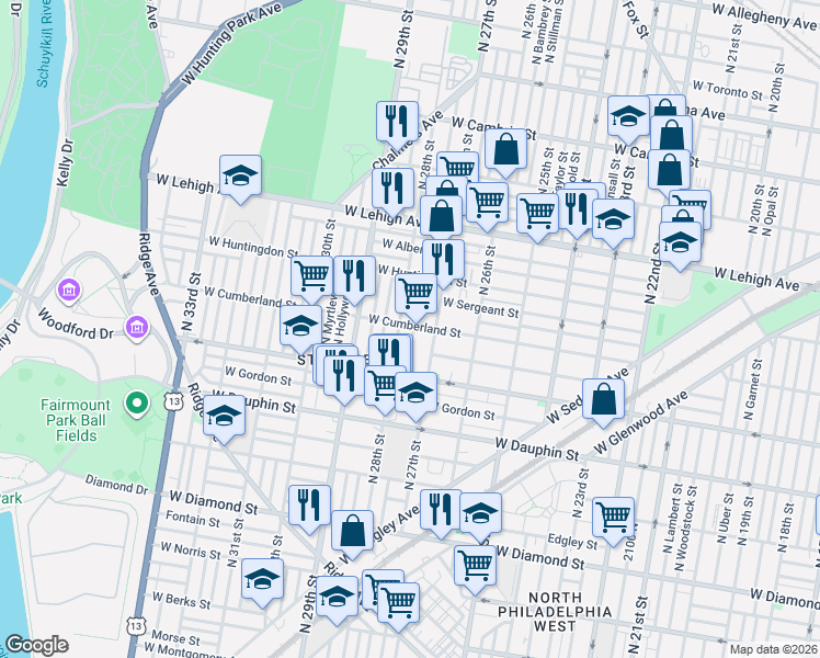 map of restaurants, bars, coffee shops, grocery stores, and more near 2431 North Marston Street in Philadelphia