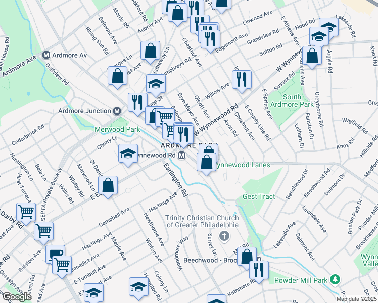 map of restaurants, bars, coffee shops, grocery stores, and more near 2322 Haverford Road in Ardmore
