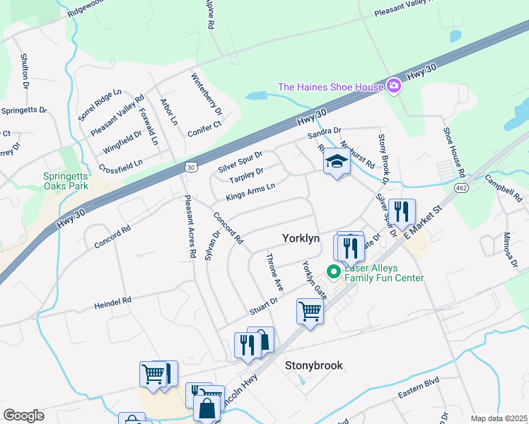map of restaurants, bars, coffee shops, grocery stores, and more near 3819 Oakleigh Drive in York