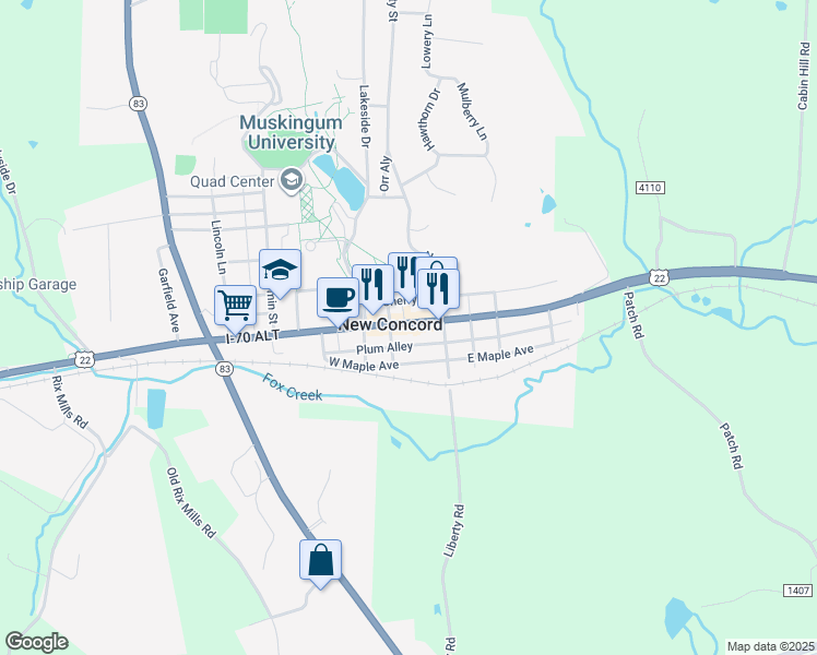 map of restaurants, bars, coffee shops, grocery stores, and more near in New Concord