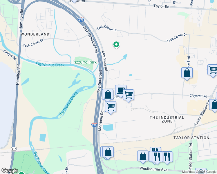 map of restaurants, bars, coffee shops, grocery stores, and more near 740 Morrison Road in Columbus