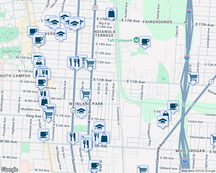map of restaurants, bars, coffee shops, grocery stores, and more near 1444 North 6th Street in Columbus
