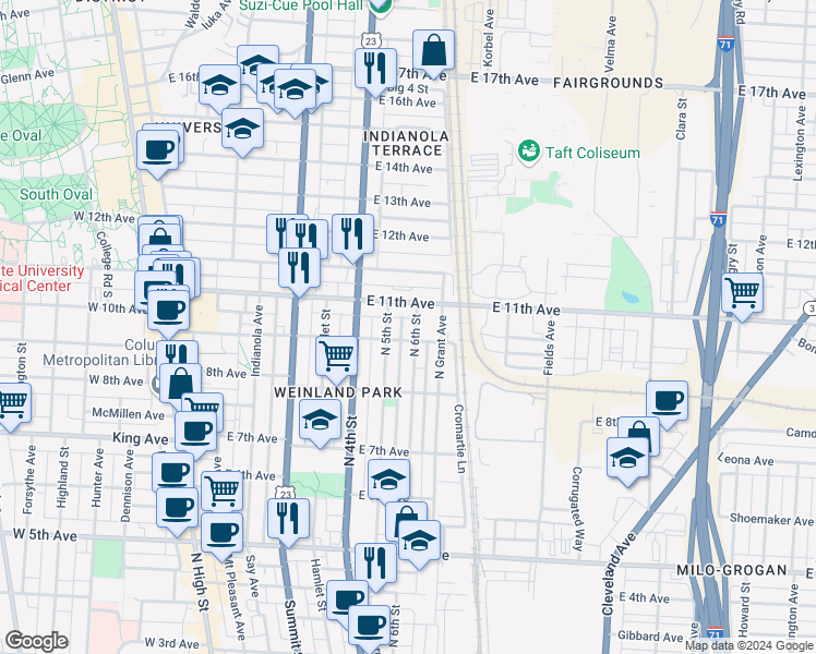 map of restaurants, bars, coffee shops, grocery stores, and more near 1444 North 6th Street in Columbus