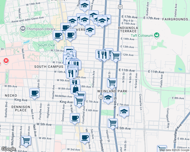 map of restaurants, bars, coffee shops, grocery stores, and more near 1469 Peters Alley in Columbus