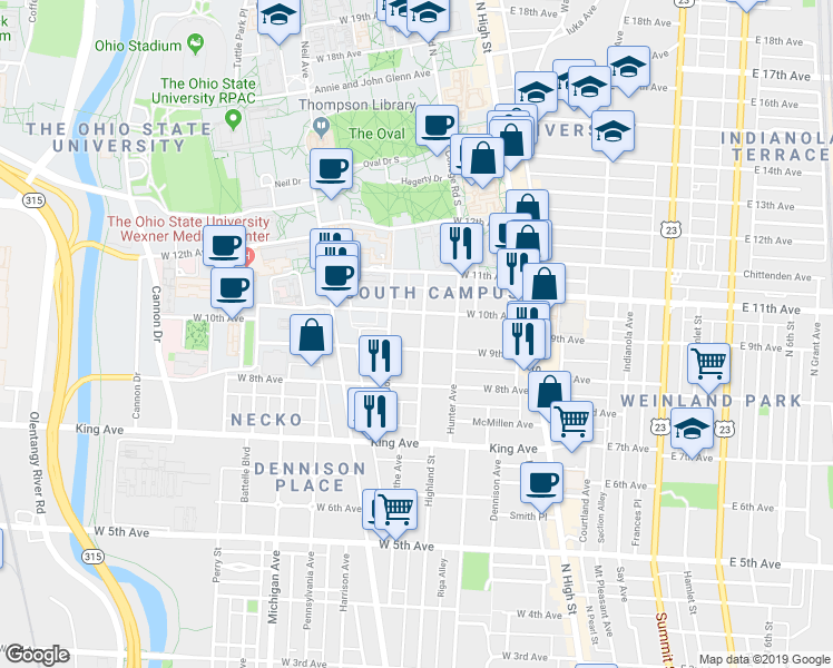 map of restaurants, bars, coffee shops, grocery stores, and more near 173 West 9th Avenue in Columbus