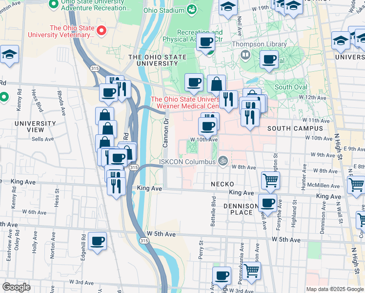 map of restaurants, bars, coffee shops, grocery stores, and more near Dodd Dr in Columbus