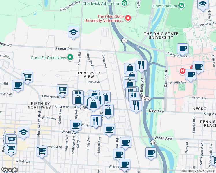 map of restaurants, bars, coffee shops, grocery stores, and more near 895 West 8th Avenue in Columbus