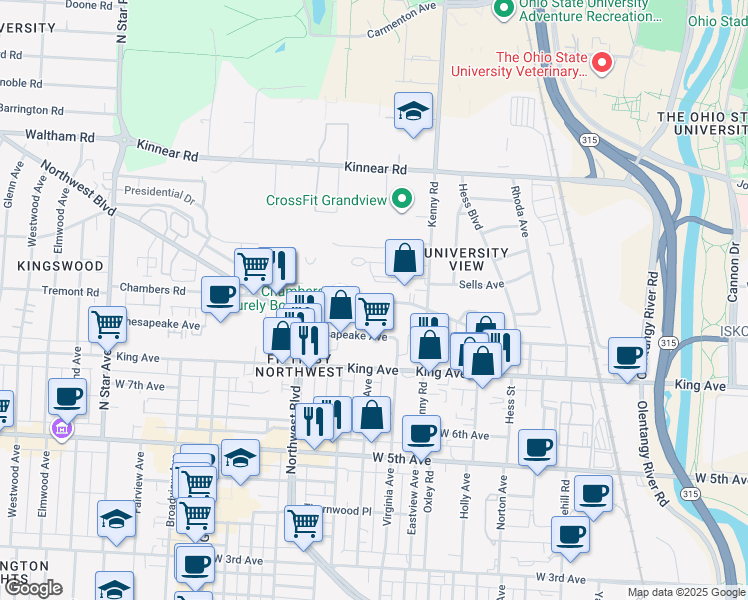 map of restaurants, bars, coffee shops, grocery stores, and more near 1150 Chesapeake Avenue in Columbus