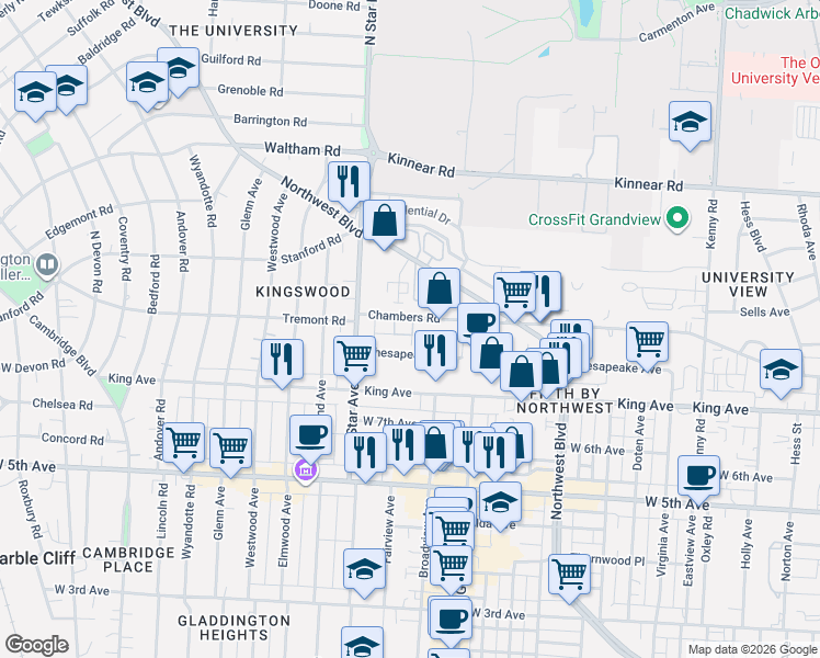 map of restaurants, bars, coffee shops, grocery stores, and more near 1448 Chesapeake Avenue in Columbus