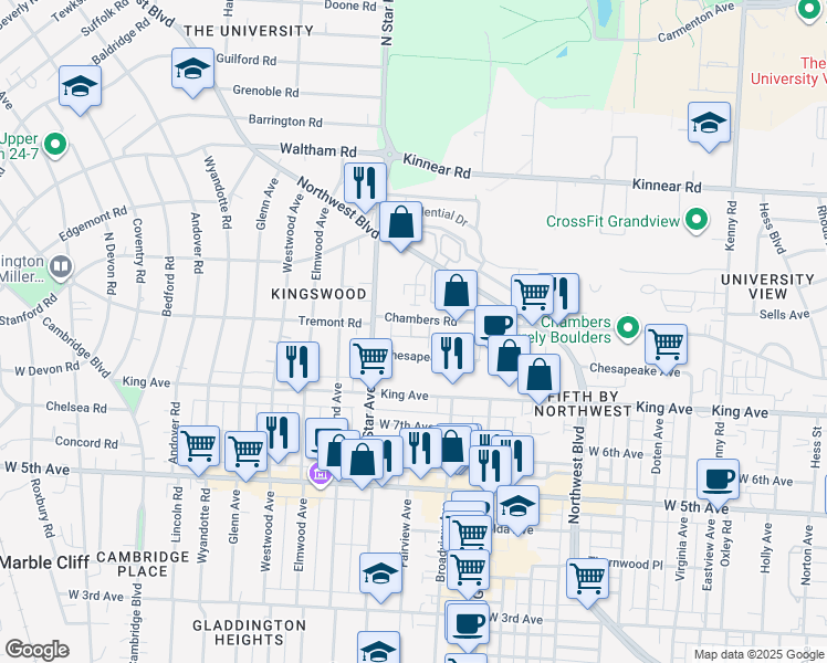 map of restaurants, bars, coffee shops, grocery stores, and more near 1514 Chesapeake Avenue in Columbus
