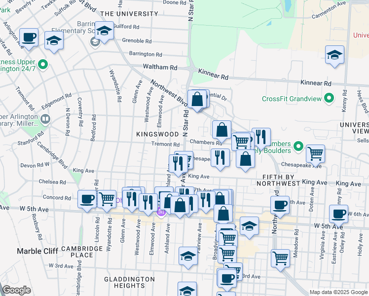 map of restaurants, bars, coffee shops, grocery stores, and more near 1737 North Star Road in Columbus