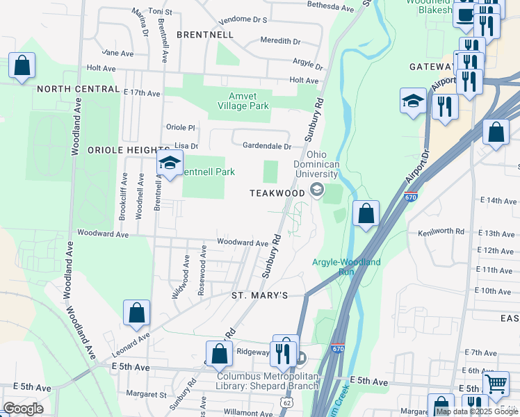 map of restaurants, bars, coffee shops, grocery stores, and more near 1215 Sunbury Road in Columbus