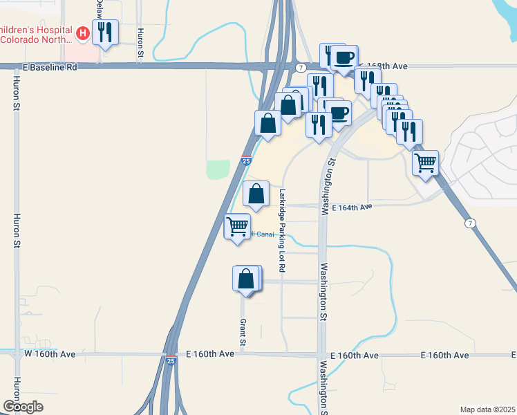 map of restaurants, bars, coffee shops, grocery stores, and more near 16395 Washington Street in Thornton