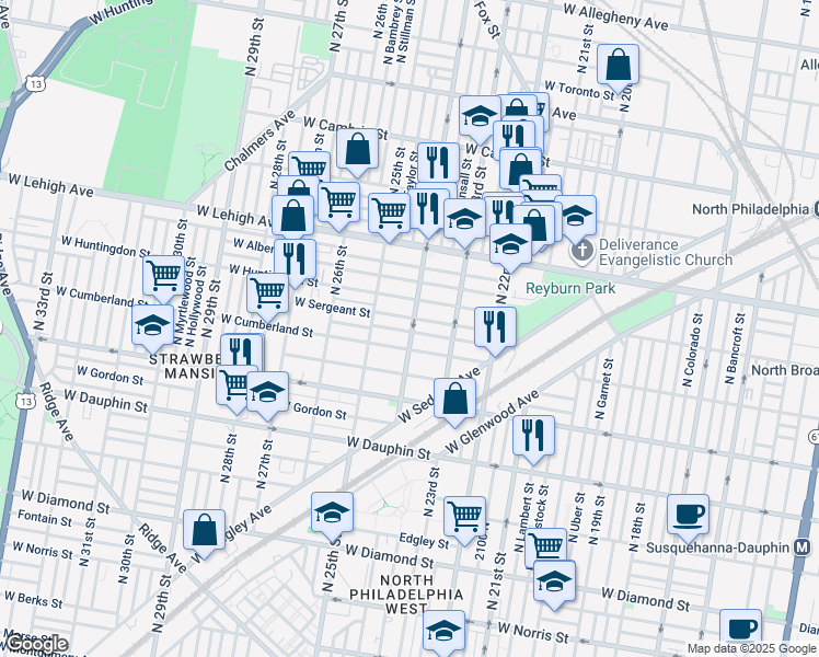 map of restaurants, bars, coffee shops, grocery stores, and more near 2401 West Firth Street in Philadelphia