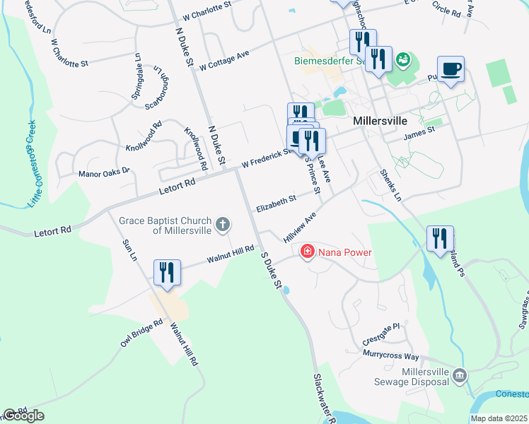 map of restaurants, bars, coffee shops, grocery stores, and more near 176 Elizabeth Street in Millersville