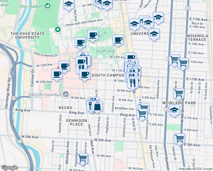 map of restaurants, bars, coffee shops, grocery stores, and more near 1558 Highland Street in Columbus