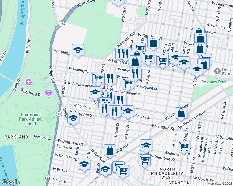 map of restaurants, bars, coffee shops, grocery stores, and more near 2463 North Dover Street in Philadelphia