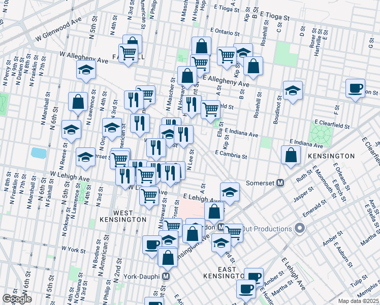 map of restaurants, bars, coffee shops, grocery stores, and more near 2862 North Lee Street in Philadelphia