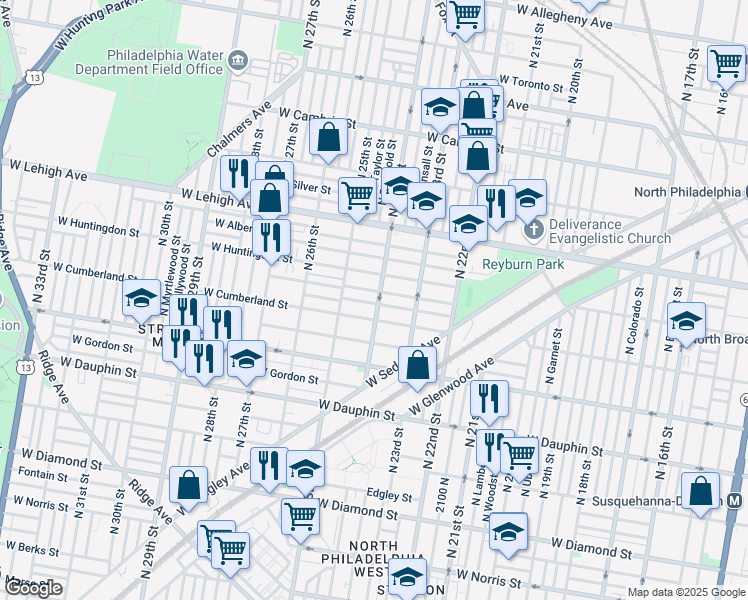 map of restaurants, bars, coffee shops, grocery stores, and more near 2405 West Firth Street in Philadelphia