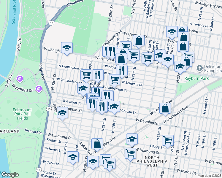 map of restaurants, bars, coffee shops, grocery stores, and more near 2430 North Marston Street in Philadelphia