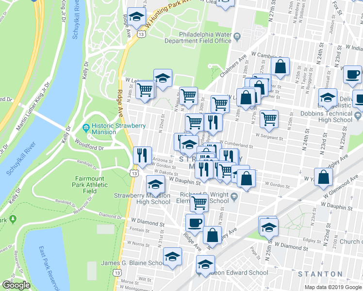 map of restaurants, bars, coffee shops, grocery stores, and more near 2436 North Stanley Street in Philadelphia